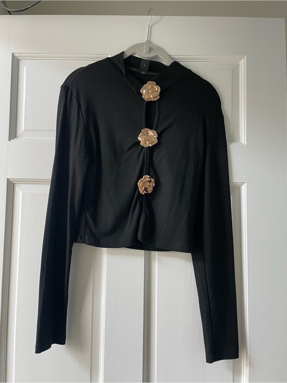 SHEIN Black Long Sleeve Top with Gold Rose Buttons